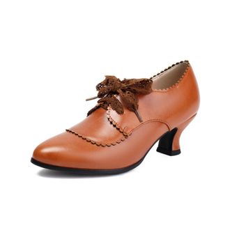 Generic Womens PU Leather Lace-Up Pumps Pointed Toe Low Stiletto Heel Scalloped Edge Lace Bow Decoration Soft Lining Reinforced Stitching Stylish Shoes,Brown,