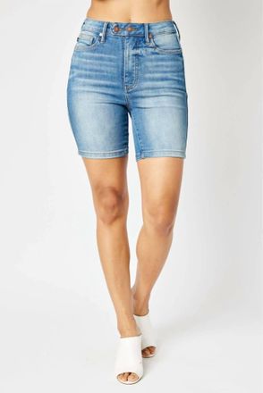 Judy Blue High Waist Tummy Control Double Button Bermuda Shorts In Medium Denim
