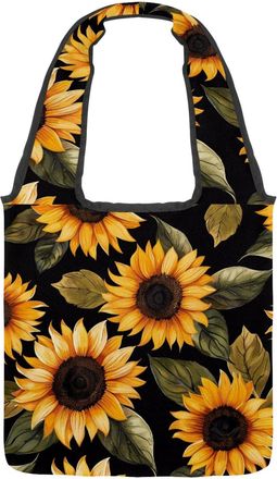Generic Vintage Golden Sunflower Reversible Canvas Shoulder Tote - Double-Sided Print, 12oz Cotton, 27cm Drop, Fold-Flat Bag for Travel, Shopping, Street Outi