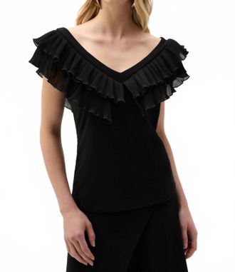 Joseph Ribkoff Silky Knit And Georgette Fitted Top With Pleats In Black