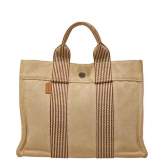 Herm&egrave;s Beige Brown Canvas Tote Bag (Pre-Owned)