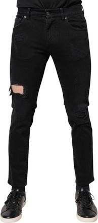 Dolce & Gabbana Mens Black Cotton Tattered Skinny Denim Logo Jeans Elastane Clothing
