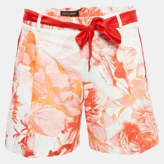 Roberto Cavalli White Floral Print Cotton Tie-Up Waist Detail Shorts
