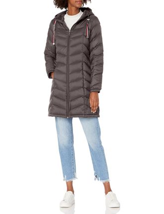 Tommy Hilfiger Womens Long Down Puffer Jacket Down Coat, Chevron Packable Eiffel Tower, L