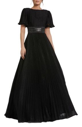 Mac Duggal Pleated Shimmering Georgette Flutter Sleeve Gown in Black at Nordstrom, Size 16
