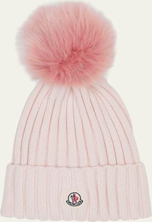 Moncler Ribbed Wool Beanie with Faux Fur Pom