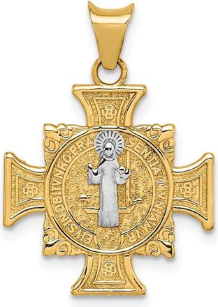 Diamond2Deal 14k Yellow Gold and White Rhodium Semi-solid St. Benedict Cross Pendant