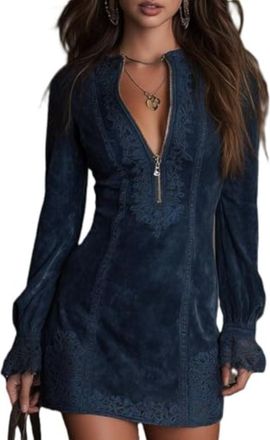 Generic Women Floral Embroidered V-Neck Mini Dress Elegant Lace Patchwork Long Sleeve Half Zip Dress Vintage Slim Fit Western Dresses (Dark Blue,L)