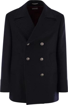 Brunello Cucinelli Double-Breasted Wool Blend Coat - Heren - Blazers - Blauw - XL - Wol - Jassen