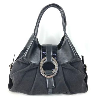 Bulgari Chandra Black Leather Canvas Shoulder Bag Tote Bag (Pre-Owned)