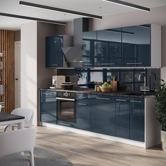 Vicco Mueble De Cocina Fame-line, Azul Oscuro Alto Brillo/blanco, 280 Cm, Et Roble, Vicco