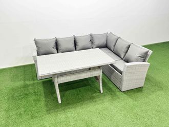 Fimous Rattan Garden Furniture Set Outdoor 6 Seater Patio Dining Corner Sofa in Light Grey