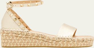 Valentino Garavani 55mm Rockstud Metallic Leather Wedge Espadrille Sandals