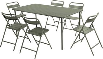 Sweeek Metal garden table 160 cm + 6 chairs, khaki green - Amelia