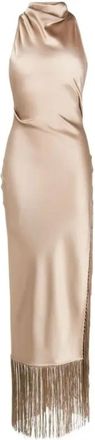 Nanushka Champagne Satin Midi Dress with Fringing Size XS