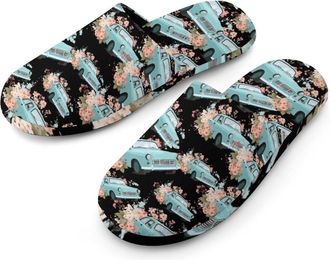 Generic Vintage Car with Flowers Mens Cozy Memory Foam Slippers Warm Cotton House Shoes Comfy Slipper for Indoor Outdoor