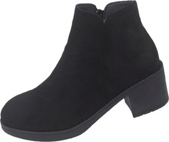 Generic Black Female British Round Toe Suede Chunky Heel Short Boots for Fall and Winter Leisure Walking Footwear with Supportive Heel