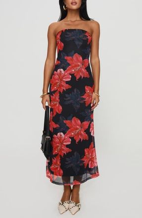 Princess Polly Celik Floral Strapless Dress in Black /Red at Nordstrom, Size 2