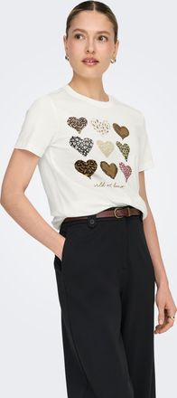 Only Kurzarmshirt ONLY ONLFREEZE LIFE S/S HEART TEE BOX JRS, Damen, Gr. XL, cloud dancer print:wild heart, Jersey, Obermaterial: 100% Baumwolle, bedruckt, 