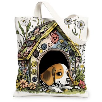 Generic Spring Beagle Dog Canvas Tote Bag for Shopping 13x15, Fun Flower Puppy Kennel Reusable Grocery Print Pattern Bag for Women, Cute Pet Beach Aesthetic P