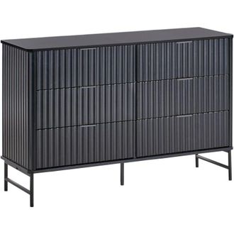 Beliani 6 Drawer Chest Storage Unit Fluted Front Design Modern mdf Metal Legs Black Glastonbury
