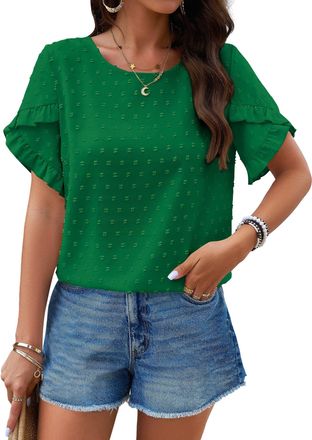 PrettyGarden Womens Tops 2025 Summer Ruffle Short Sleeve Crewneck Blouses Swiss Dots Solid Loose Tunics Work Shirts, Green, M