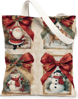 Generic Christmas Vintage Canvas Tote Bags, Festive Santa and Snow Man Pattern Reusable Grocery Bags, Lightweight Washable Shoulder, Red, 13x15 Inch