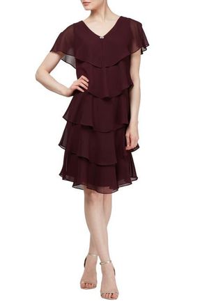 S.L. Fashions Georgette Ruffle Tiered Dress in Fig at Nordstrom, Size 14