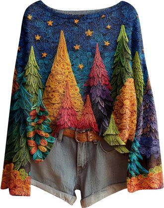 Generic Funny Christmas Jumper for Women, Long Sleeve Loose Fit Boat Neck Sweater Pullover, Festive Knitted Jumper with Multiple Designs for Holiday & Casual 