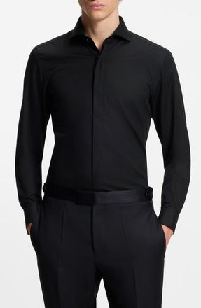 BOSS Hank Slim Fit Wrinkle Resistant Black Cotton Tuxedo Shirt at Nordstrom, Size 14.5