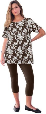 Roaman's Plus Size Ultimate Cotton Crewneck Short Sleeve Swing Tee in Chocolate Crocus Flowers at Nordstrom, Size Medium