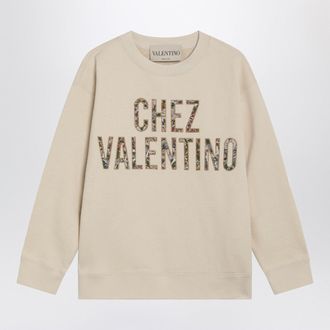 Valentino Garavani Elfenbeinfarbenes Baumwoll-Sweatshirt mit Chez Valentino-Blumenmotiv