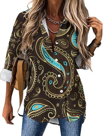 Generic Brown Paisley Pattern Womens Button Down Shirts Long Sleeve Dress Shirts Blouses Corset Tops XL