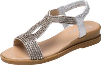 Generic Silver Women Silver Rhinestone Sandals Flat Sole Round Toe Open Toe Elastic Strap for Spring Summer