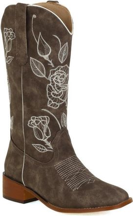 Generic Womens Pull on Knee High Boots Mid Block Heel Long Boots with Embroidery Stitched Round Toe PU Leather Western Cowboy Boot,Grey,8.5 UK