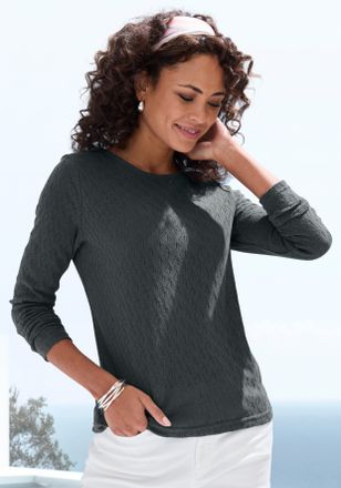 Vivance Langarmshirt VIVANCE mit modischem Ajour-Muster, Damen, Gr. 32/34, grau (graugr&uuml;n), Feinstrick, Obermaterial: 60% Baumwolle, 40% Polyester, Basic schm