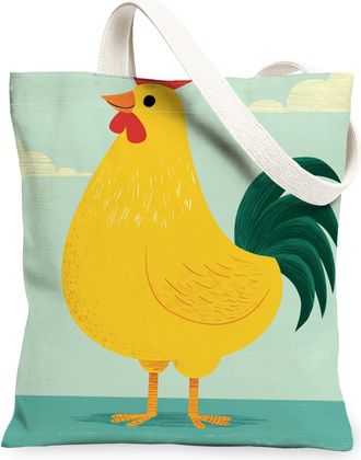 Generic Vintage Playful Chicken Canvas Tote Bags, Fun Animal Pattern Reusable Grocery Bags, Lightweight Washable Shoulder Strap for, Yellow, 13x15 Inch