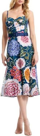 Dress The Population Carlita Belted Floral Embroidered Midi Cocktail Dress in Navy Multi at Nordstrom, Size Xx-Large
