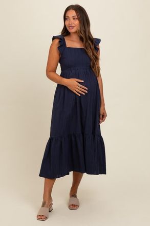 Pinkblush Textured Cotton Ruffle Strap Midi Dress in Navy Blue at Nordstrom, Size Medium