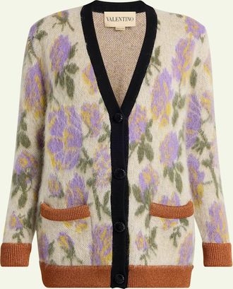 Valentino Garavani Floral-Print Mohair V-Neck Cardigan