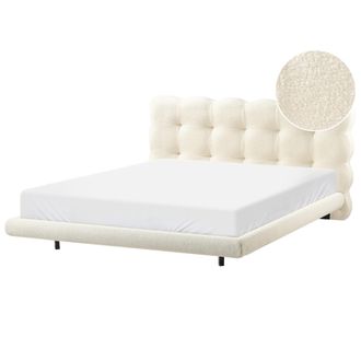 Beliani Cama De Boucl&eacute; Con Cabecero Con Capiton&eacute; 160 X 200 Cm Somier De L&aacute;minas Patas De Metal Blanco Crema Soulisse