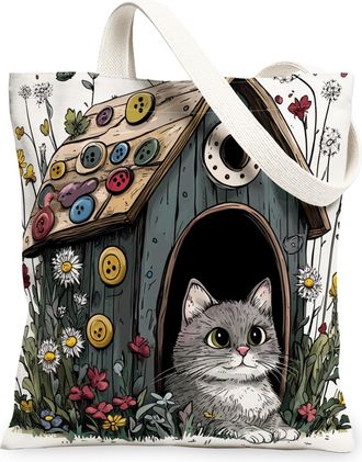 Generic Spring Persian Cat Canvas Tote Bag for Shopping 13x15, Fun Flower Kitten House Reusable Grocery Print Pattern Bag for Women, Cute Pet Beach Aesthetic 