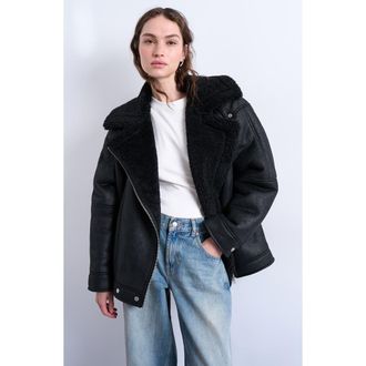 Topshop Faux Shearling Oversize Aviator Jacket in Black at Nordstrom, Size X-Small