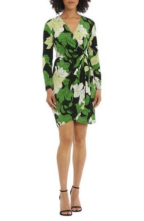 Maggy London Floral Long Sleeve Faux Wrap Dress in Black/Green Apple at Nordstrom Rack, Size 4