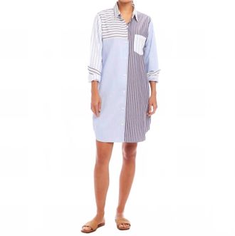 Karen Kane Long Sleeve Mixed Stripe Shirtdress In Blue/ White Stripe