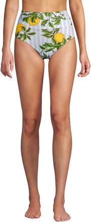 Lands End Chlorine Resistant Pinchless High Waisted Bikini Bottoms in Soft Sky Blue/citrus Stripe at Nordstrom, Size 12