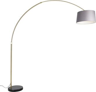 QAZQA Moderno L&aacute;mpara De Arco Lat&oacute;n Con M&aacute;rmol Y Pantalla De Tela Gris 45 Cm - Xxl Acero /lino /textil Alargada Adecuado Para Led Max. 1 X 60 Watt - Qazqa