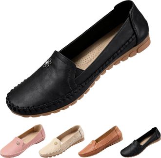 Generic Stylish Orthopedic Leather Shoes-All-Day Comfort for Women, Lightweight Anti-Slip Slip on Stitched Flat-Soled Casual Loafers (Black,7.5)