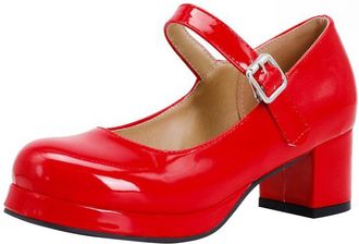 Generic Red Womens Fashionable and Casual Versatile Shallow Mouth Round Toe Patent Leather Thick Heel with A Center Heel Shoes for Outdoor