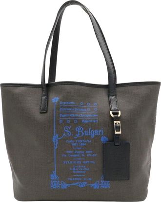 Bulgari Black Blue Charcoal Gray Coated Canvas Leather Shoulder Bag Tote Bag (Pre-Owned)